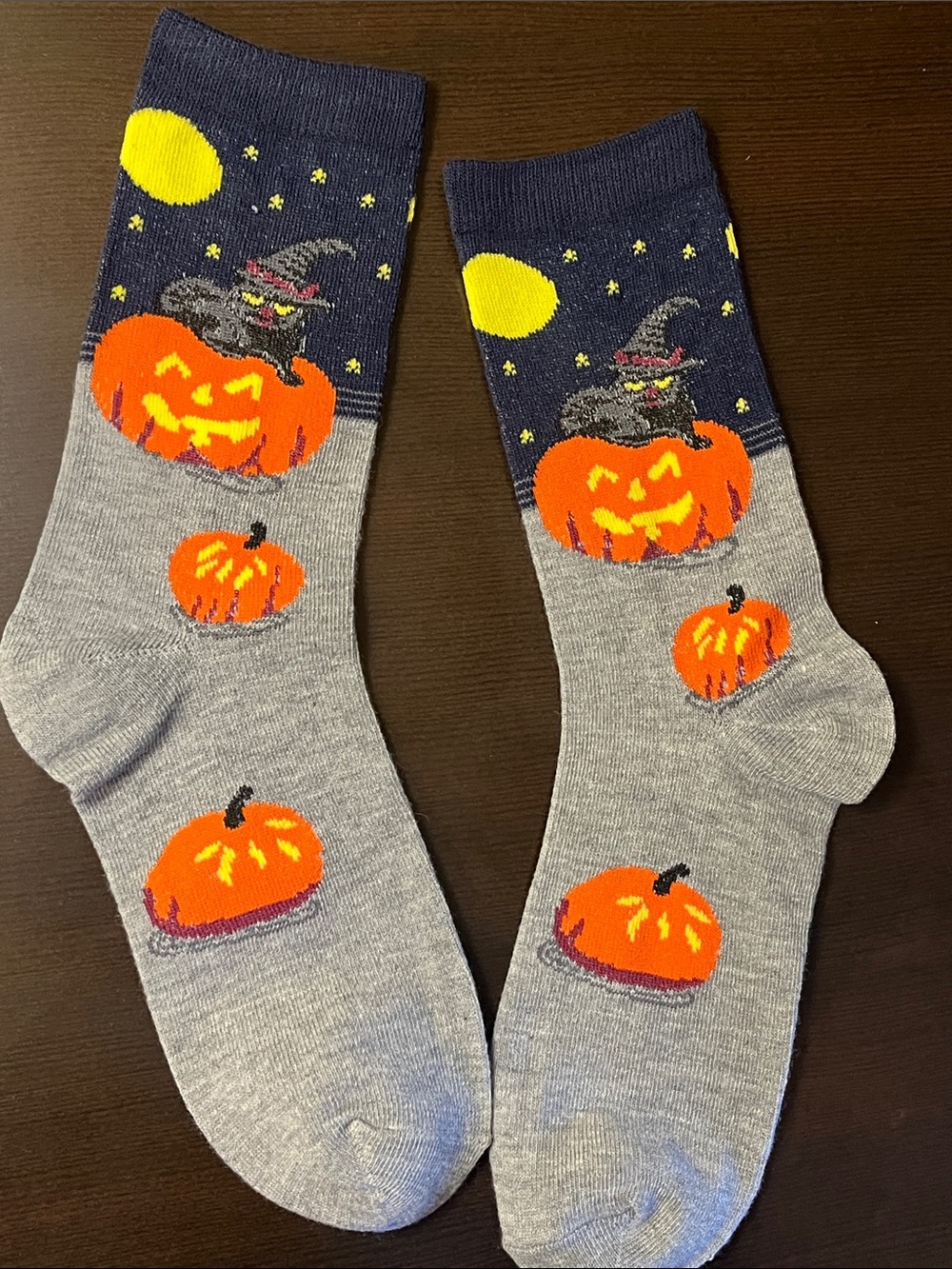Halloween Pumpkin & Kitty Crew Socks - Gray & Navy